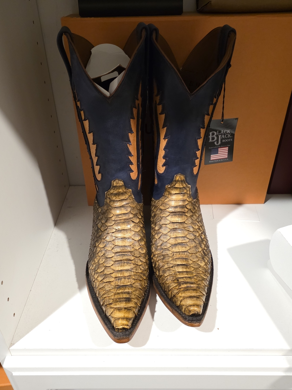 Black Jack Men's Two-Tone Exotic Western Boots in Tan & Navy
